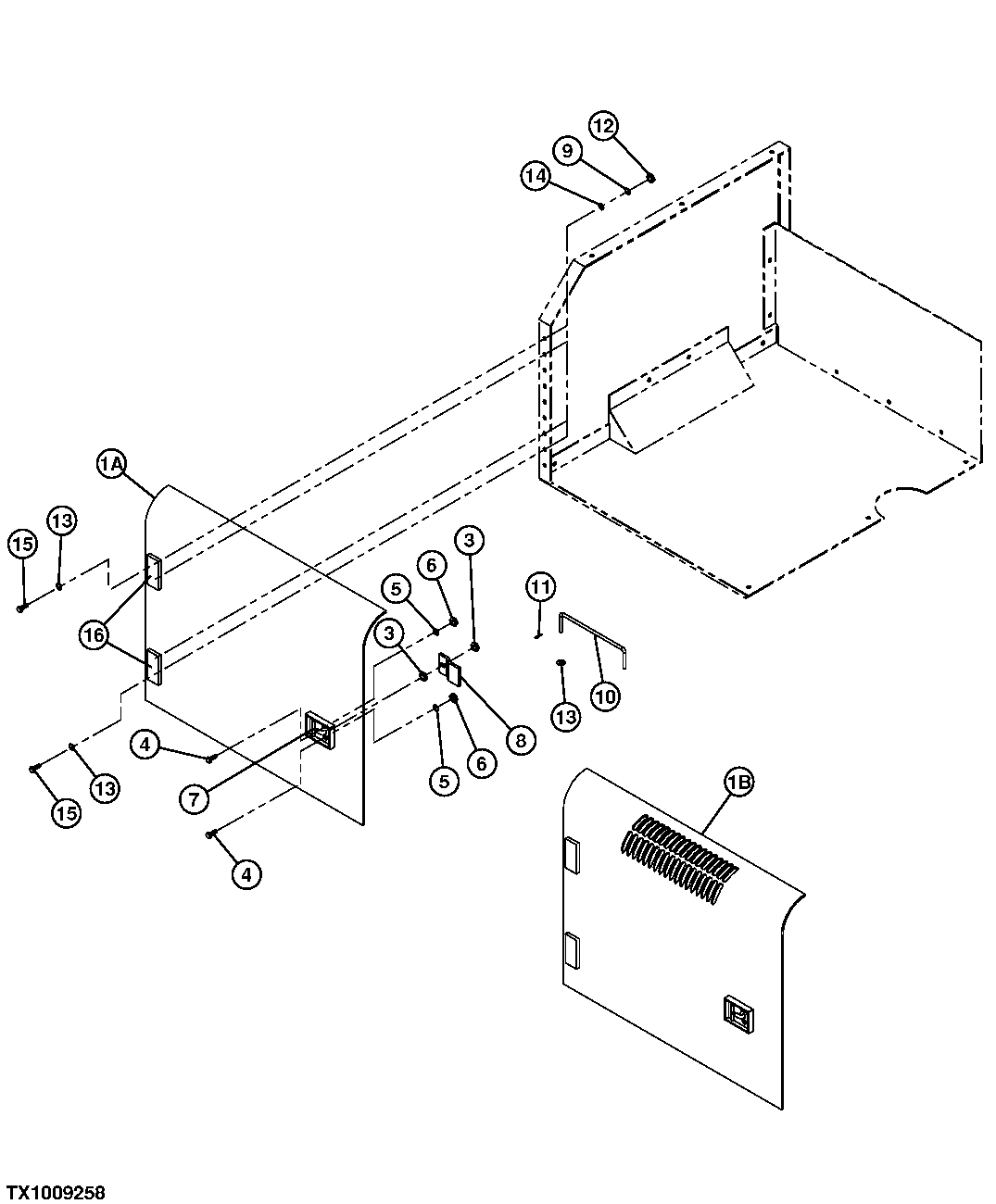 Схема запчастей John Deere 35C RTS - 424 - LEFT FRONT SIDE STORAGE COMPARTMENT DOOR 1910 HOOD OR ENGINE ENCLOSURE