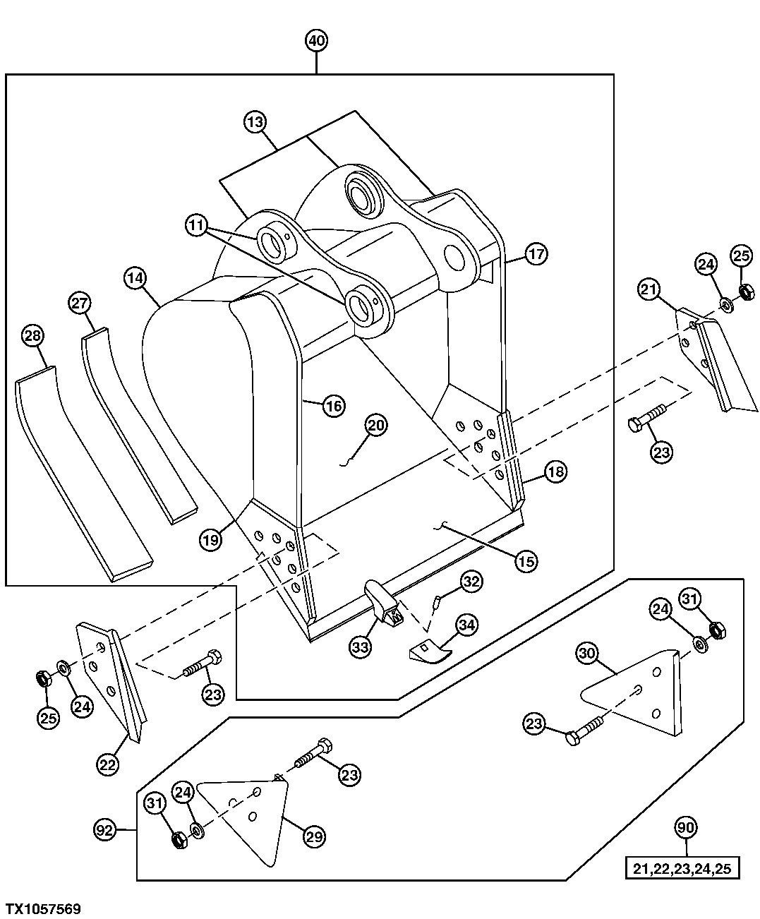 Схема запчастей John Deere 35C RTS - 461 - HEAVY DUTY HIGH CAPACITY BUCKET 3302 BUCKET WITH TEETH