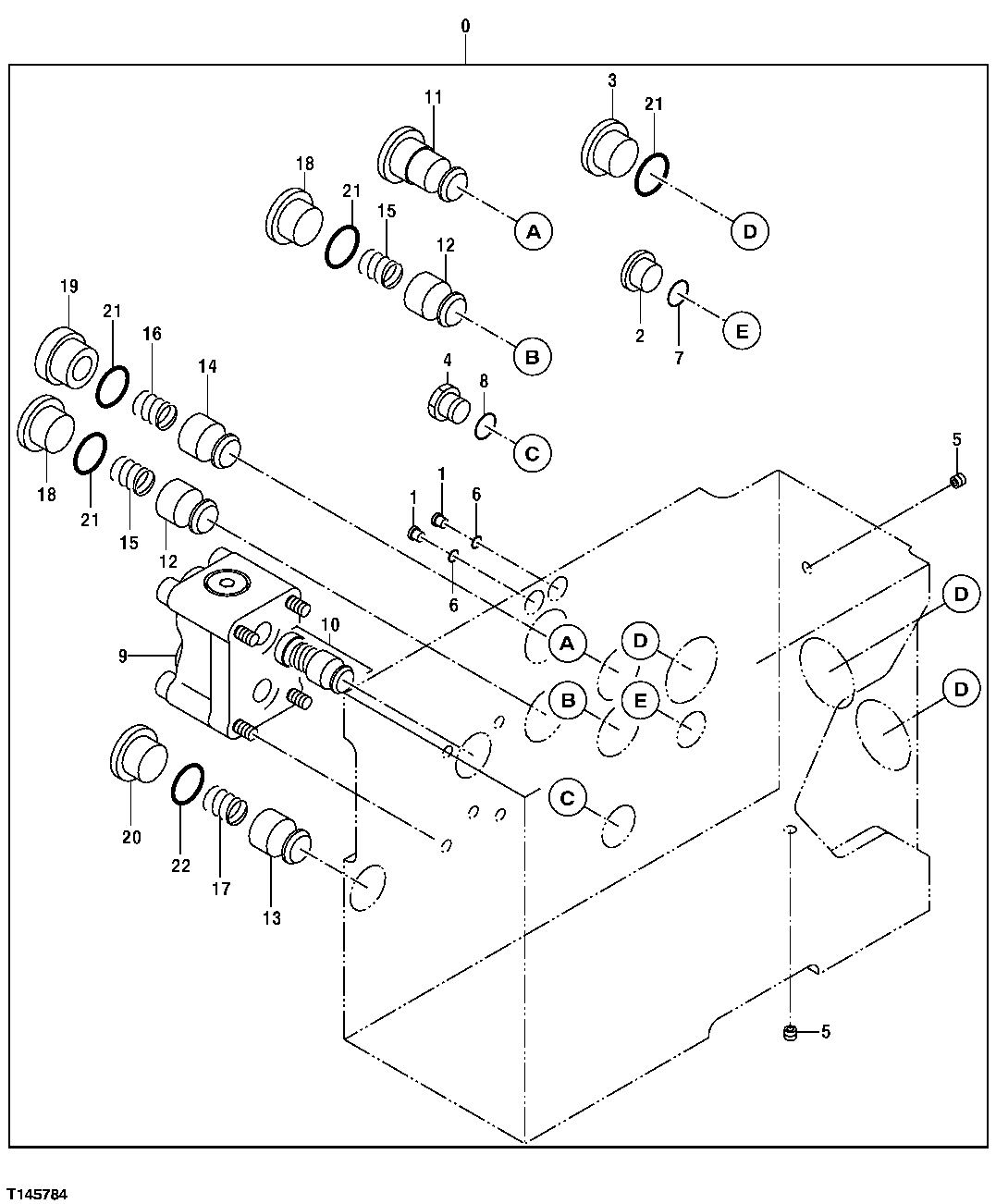 Схема запчастей John Deere 35C RTS - 496 - CONTROL VALVE COMPONENTS (FOUR SPOOL SIDE) 3360 HYDRAULIC SYSTEM