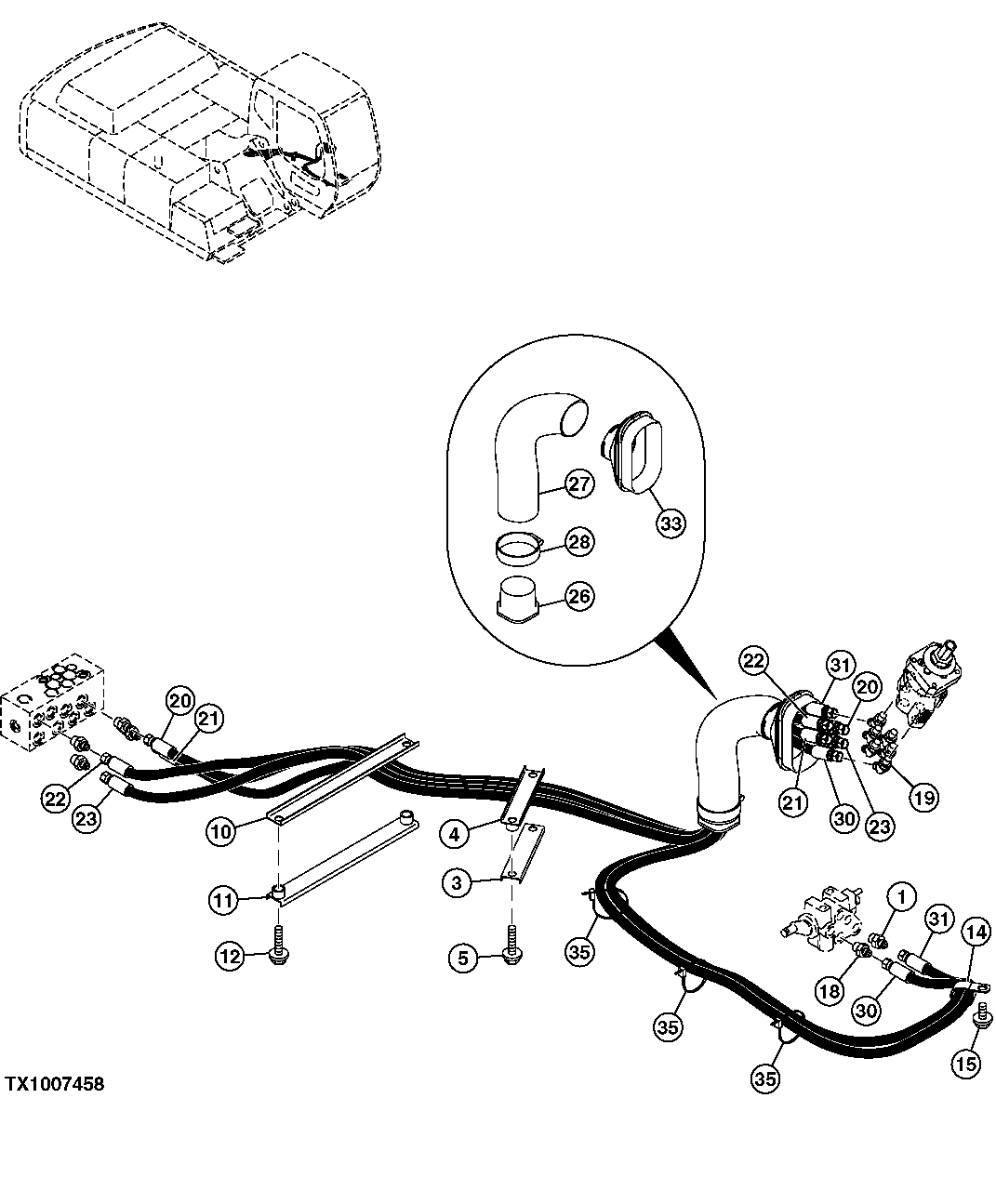 Схема запчастей John Deere 35C RTS - 515 - PILOT HOSES (FROM LEFT PILOT CONTROLLER FOR DIG AND SWING) 3360 HYDRAULIC SYSTEM