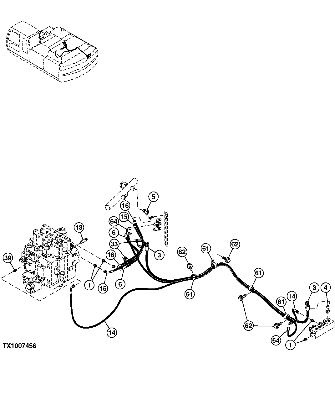 Схема запчастей John Deere 35C RTS - 517 - PILOT HOSES (FROM RESERVOIR TO CONTROL VALVE AND FLOW REGULATOR) 3360 HYDRAULIC SYSTEM