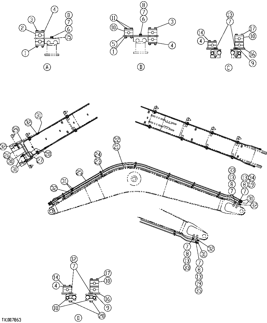 Схема запчастей John Deere 35C RTS - 542 - EXCAVATOR BOOM OIL LINES FOR DOUBLE FUNCTION FRONT 3360 HYDRAULIC SYSTEM