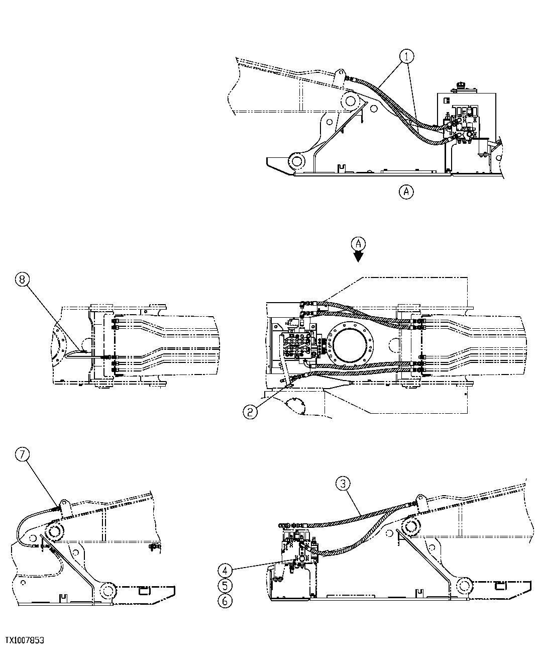Схема запчастей John Deere 35C RTS - 555 - CONTROL VALVE TO BOOM LINE HOSES (VALVE IN HEAD) 3360 HYDRAULIC SYSTEM