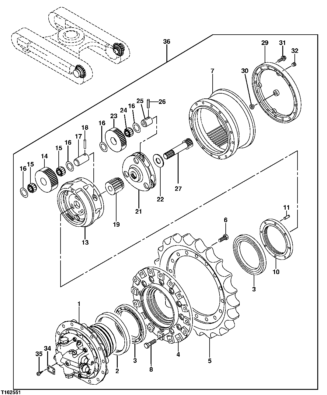 Схема запчастей John Deere 25CLC RTS - 12 - PROPEL MOTOR AND DRIVE GEARS 0267 HYDRAULIC DRIVE MOTOR