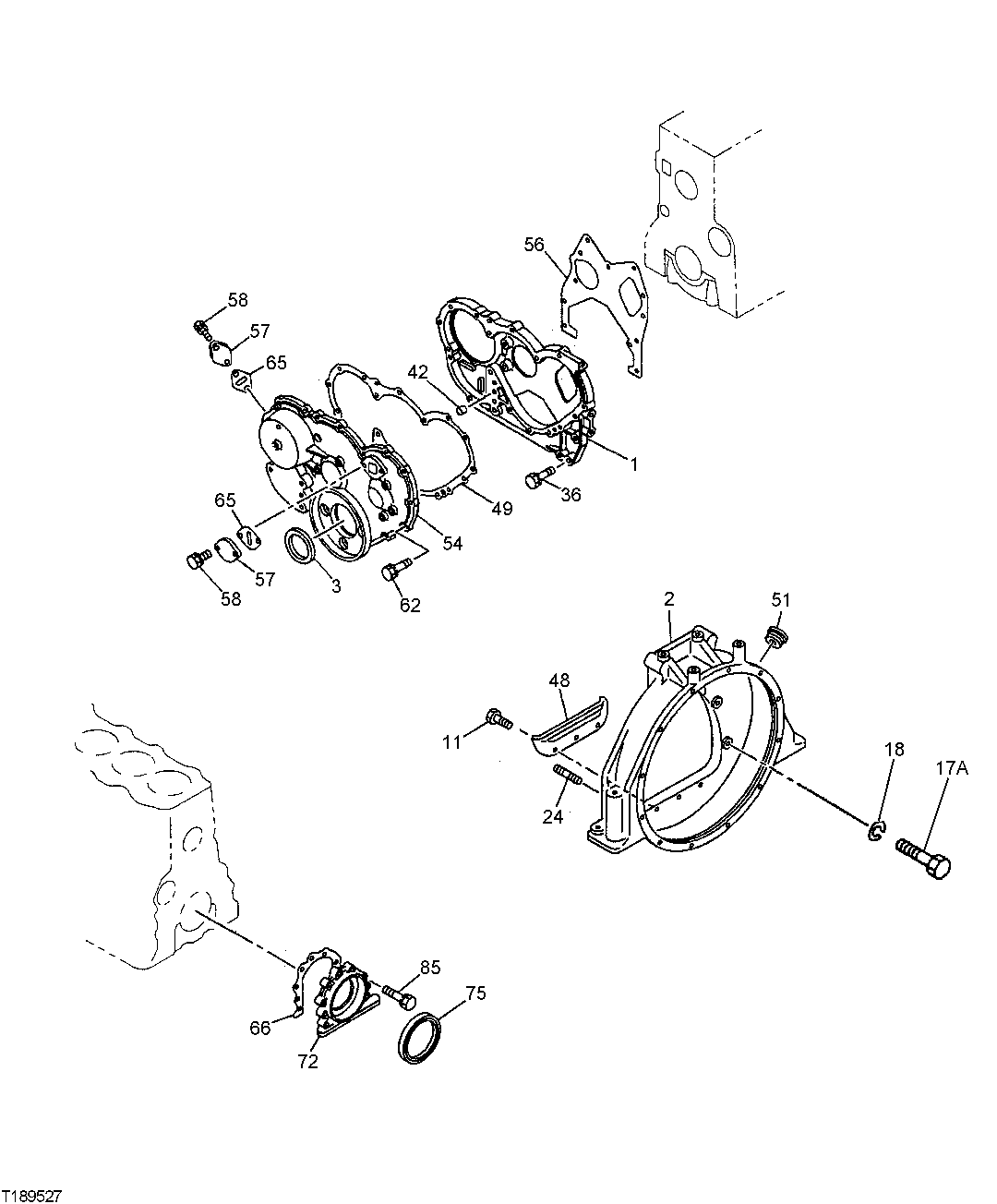 Схема запчастей John Deere 25CLC RTS - 46 - TIMING GEAR CASE AND FLYWHEEL HOUSING 0433 FLYWHEEL, HOUSING & FASTENINGS