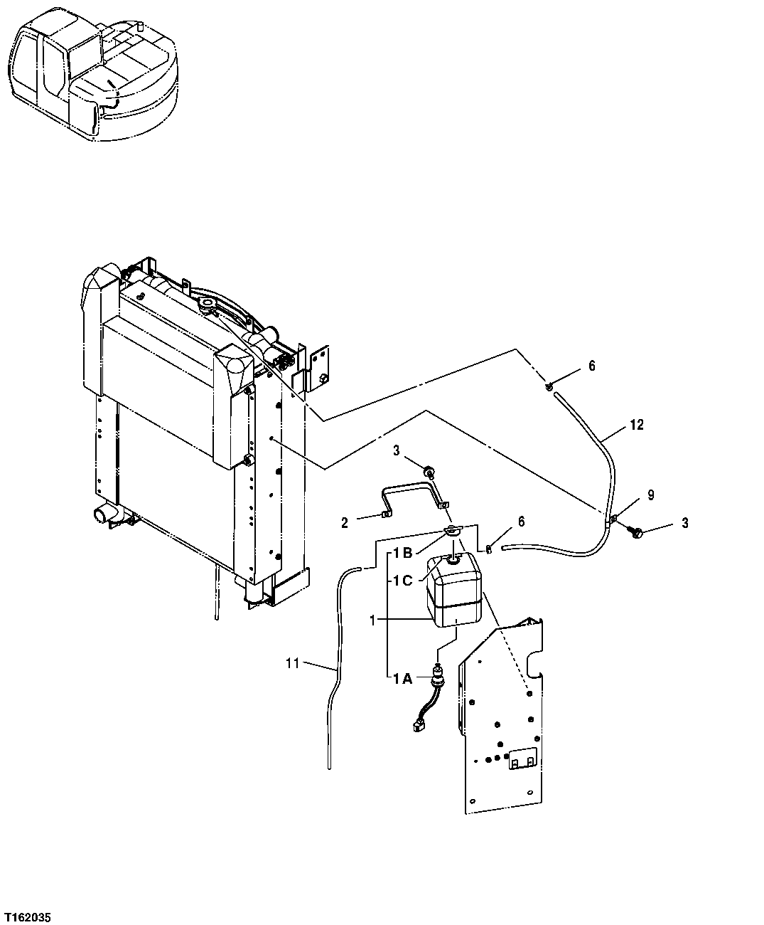 Схема запчастей John Deere 25CLC RTS - 54 - COOLANT RESERVOIR / RESERVE TANK 0511 RADIATOR & FAN SHROUD