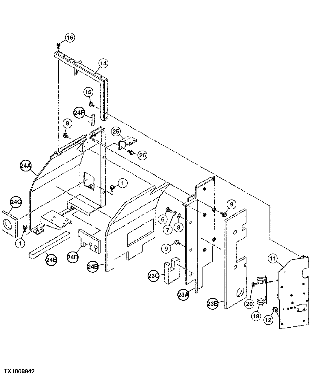 Схема запчастей John Deere 25CLC RTS - 124 - LEFT SIDE COMPARTMENT PANELING (SN 062993- ) 1910 HOOD OR ENGINE ENCLOSURE