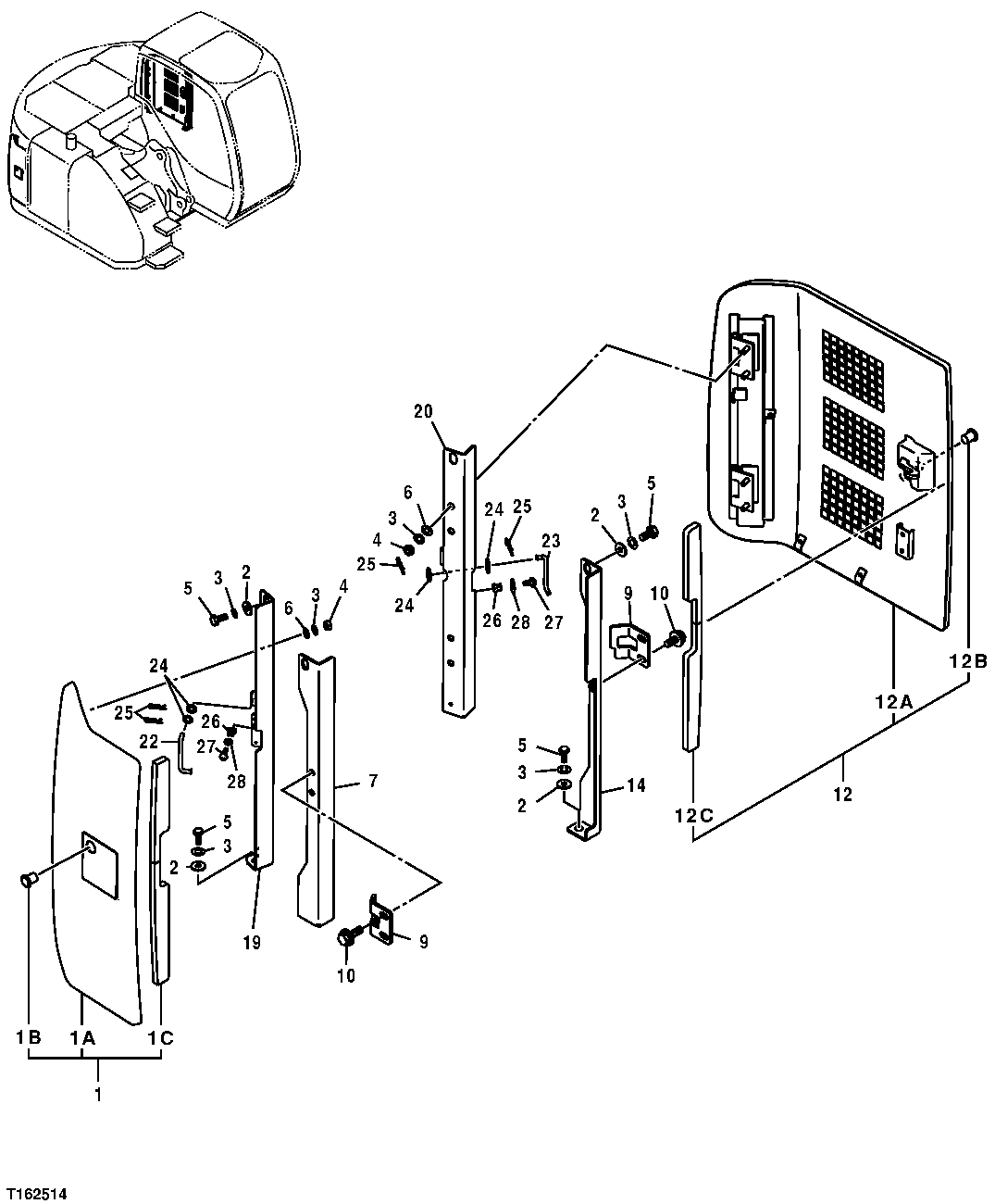 Схема запчастей John Deere 25CLC RTS - 125 - LEFT AND RIGHT SIDE COMPARTMENT DOORS 1910 HOOD OR ENGINE ENCLOSURE