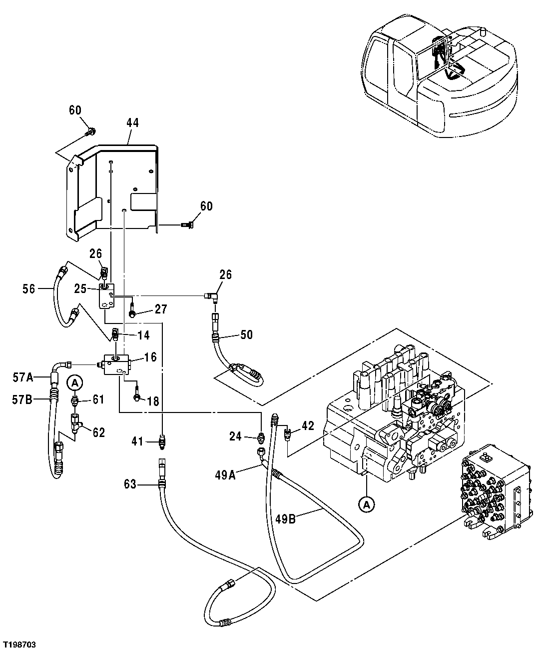 Схема запчастей John Deere 25CLC RTS - 146 - PILOT LINES (SOLENOID VALVE, PILOT SIGNAL MANIFOLD AND CONTROL VALVE TO BUCKET SHUTTLE VALVE) 3301 BLADES & SIDE CUTTERS