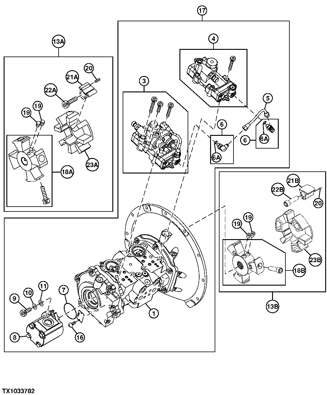 Схема запчастей John Deere 25CLC RTS - 188 - HYDRAULIC PUMP, PILOT PUMP AND REGULATOR ASSEMBLY 3361 HYDRAULIC PUMP