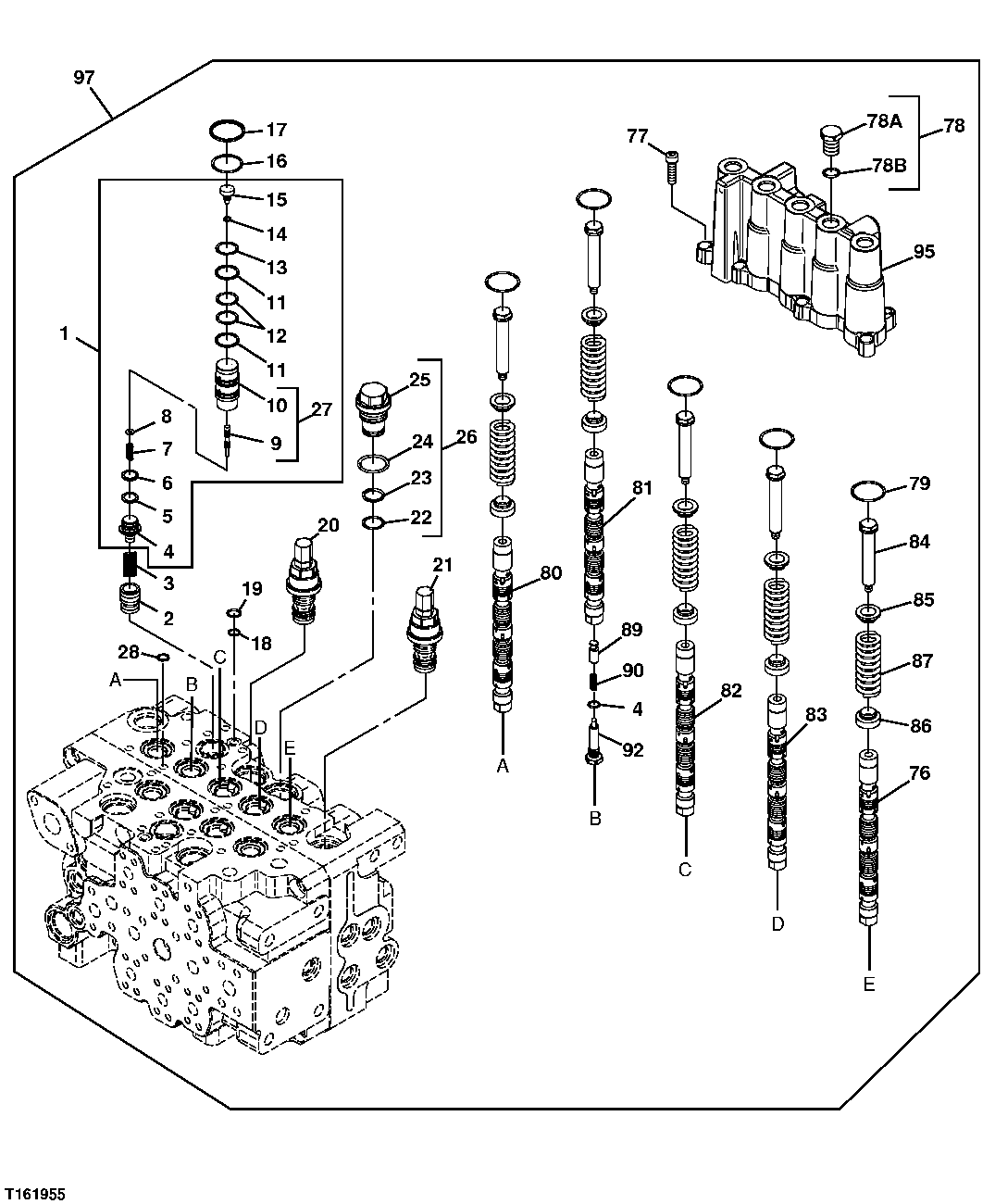 Схема запчастей John Deere 25CLC RTS - 202 - CONTROL VALVE (5-SPOOL TOP) 3362 CONTROL & LOAD HOLDING VALVES