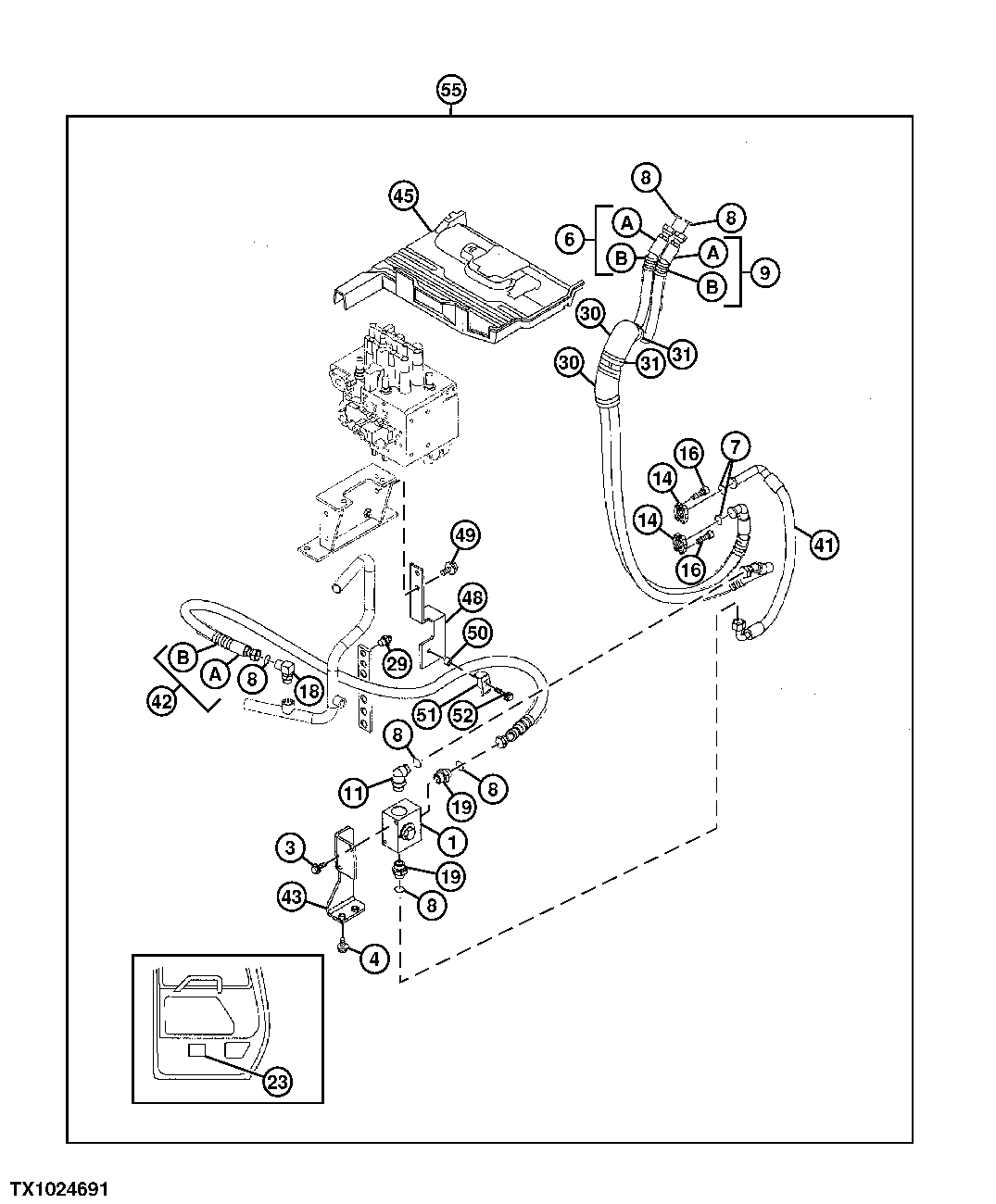 Схема запчастей John Deere 25CLC RTS - 240 - AUXILIARY HYDRAULIC HOSES (BASE AUXILIARY KIT) 3363 LINES, HOSES AND FITTINGS