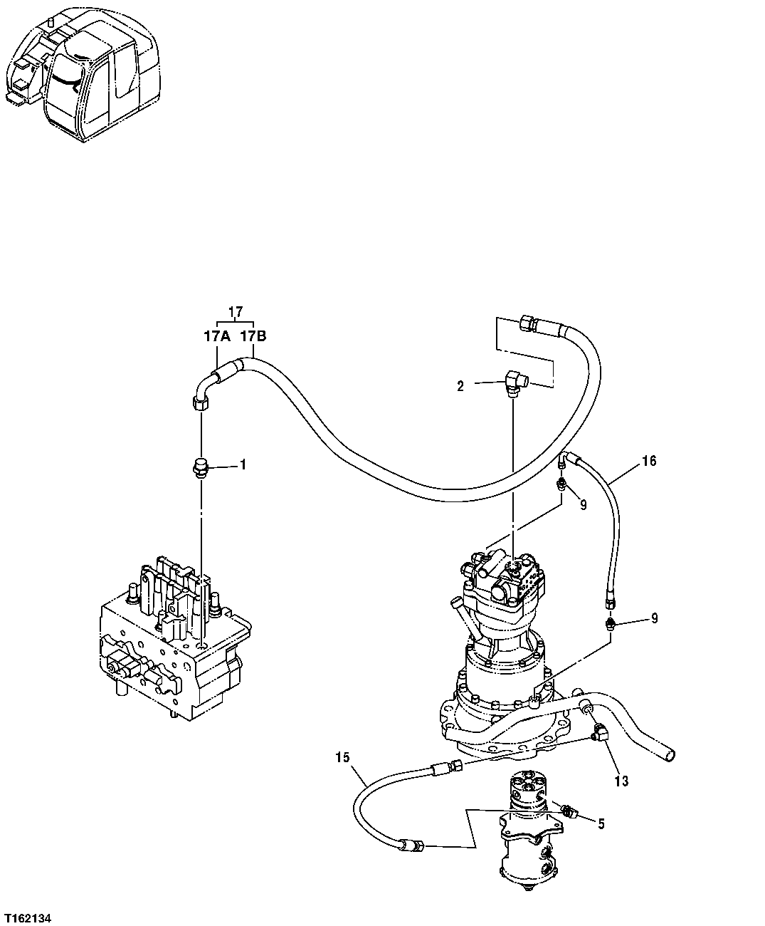 Схема запчастей John Deere 25CLC RTS - 220 - HYDRAULIC LINES (CONTROL VALVE TO SWING MOTOR) 3363 LINES, HOSES AND FITTINGS