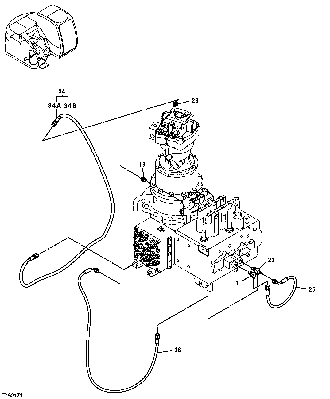 Схема запчастей John Deere 25CLC RTS - 228 - PILOT HYDRAULIC LINES (PILOT SIGNAL MANIFOLD TO SWING MOTOR) 3363 LINES, HOSES AND FITTINGS