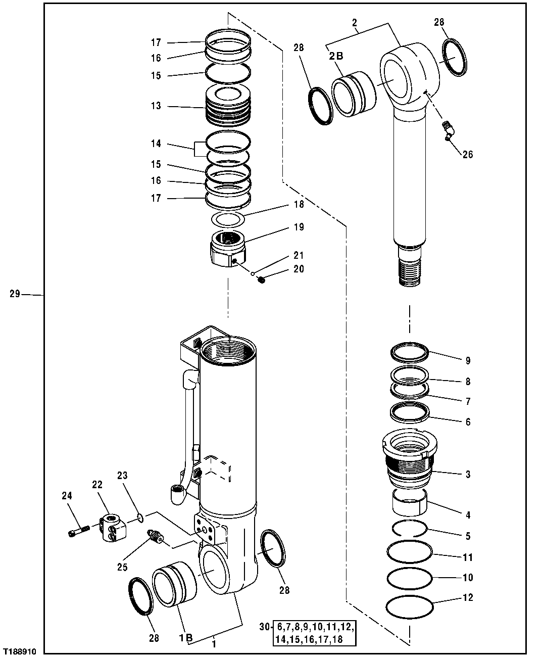 Схема запчастей John Deere 25CLC RTS - 256 - RH Blade Cylinder Components And Oil Lines 3365 HYDRAULIC CYLINDERS