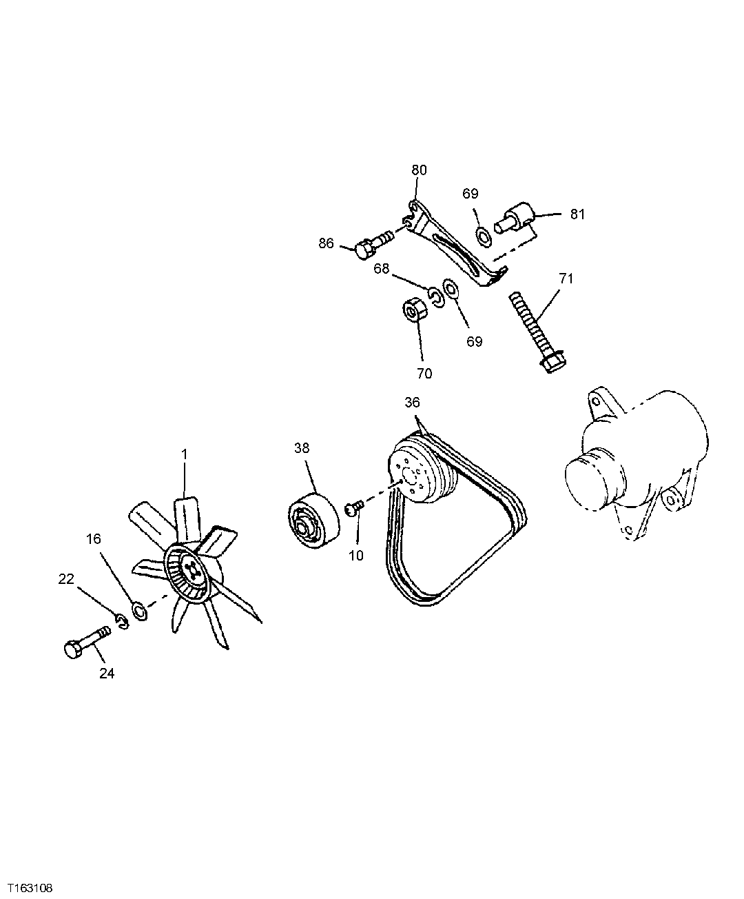 Схема запчастей John Deere 35D - 54 - ENGINE FAN AND FAN BELT 0429 FAN DRIVE (DAMPER, IDLER, PULLEYS, AND BELT)