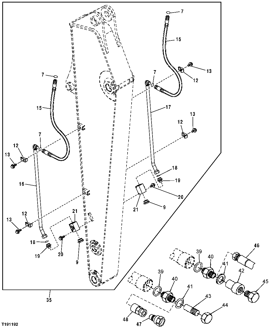 Схема запчастей John Deere 35D - 254 - ARM AUXILIARY LINES 3363 LINES, HOSES, AND FITTINGS