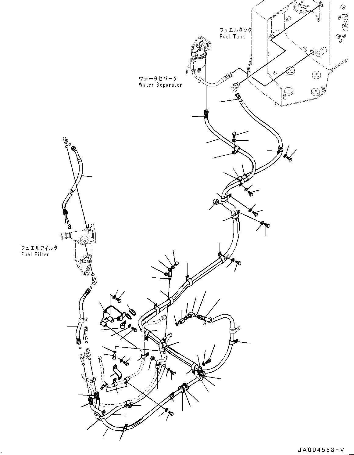 Схема запчастей Komatsu D39PX-22 - ТОПЛИВОПРОВОД., ТРУБЫ (№-) ТОПЛИВОПРОВОД., С EXTRA BAD ТОПЛИВН. И ПЛОХ. ТОПЛИВО СПЕЦ-ЯIFICATION, ВОДН.+DUST, ДОПОЛН. ФИЛЬТР.