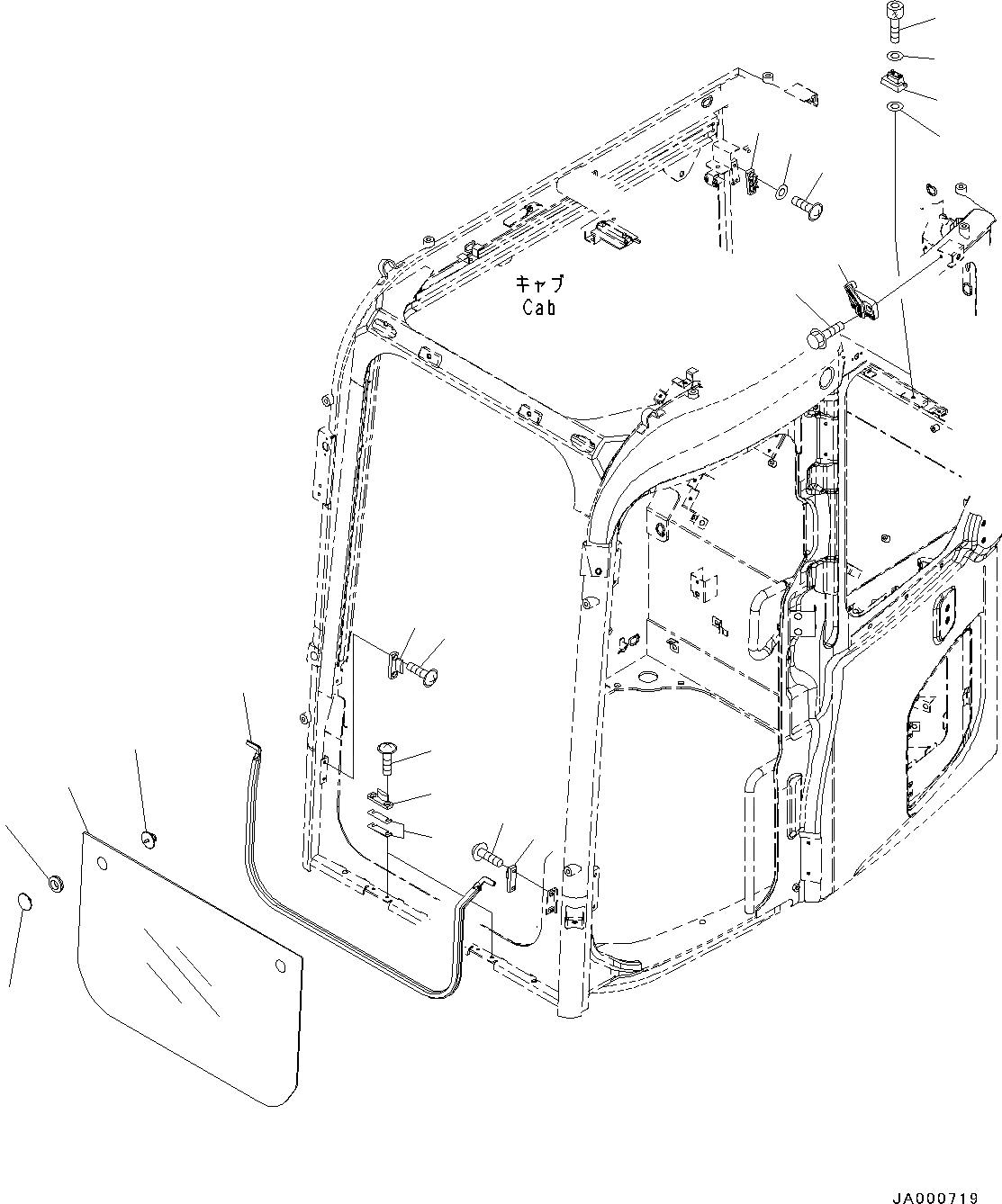 Схема запчастей Komatsu PC88MR-8 - КАБИНА, ПЕРЕДН. НИЖН. ОКНА (№-) КАБИНА, С KOMTRAX, ДЛЯ СТРАН ЕС ARRANGEMENT