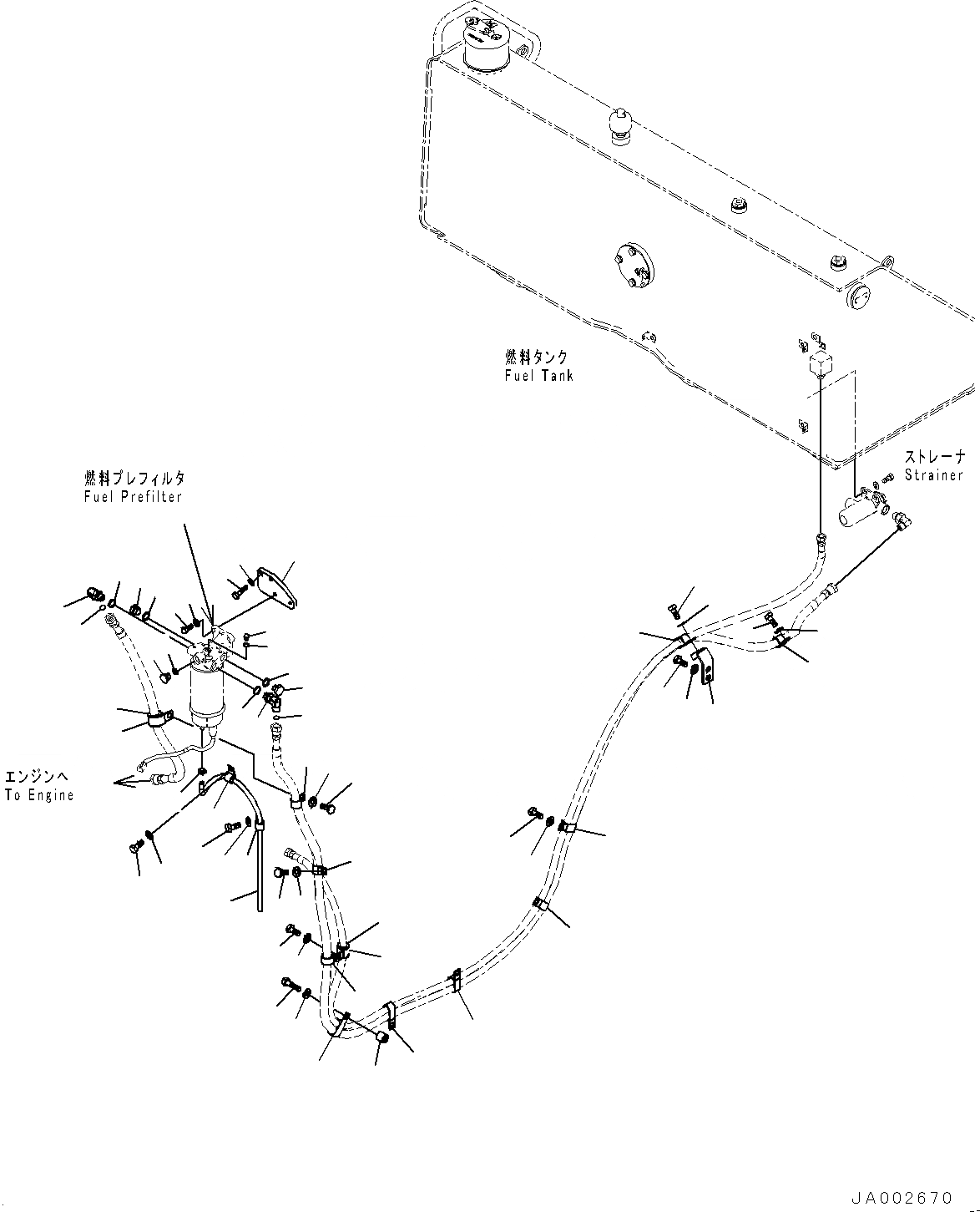 Схема запчастей Komatsu D65EX-16 - ТОПЛИВН. ПОДАЮЩ. ТРУБЫ, PREФИЛЬТР. КОРПУС (№8-) ТОПЛИВН. ПОДАЮЩ. ТРУБЫ, С ТОПЛИВН. БАК. ВЫПУСКН. ФИЛЬТР