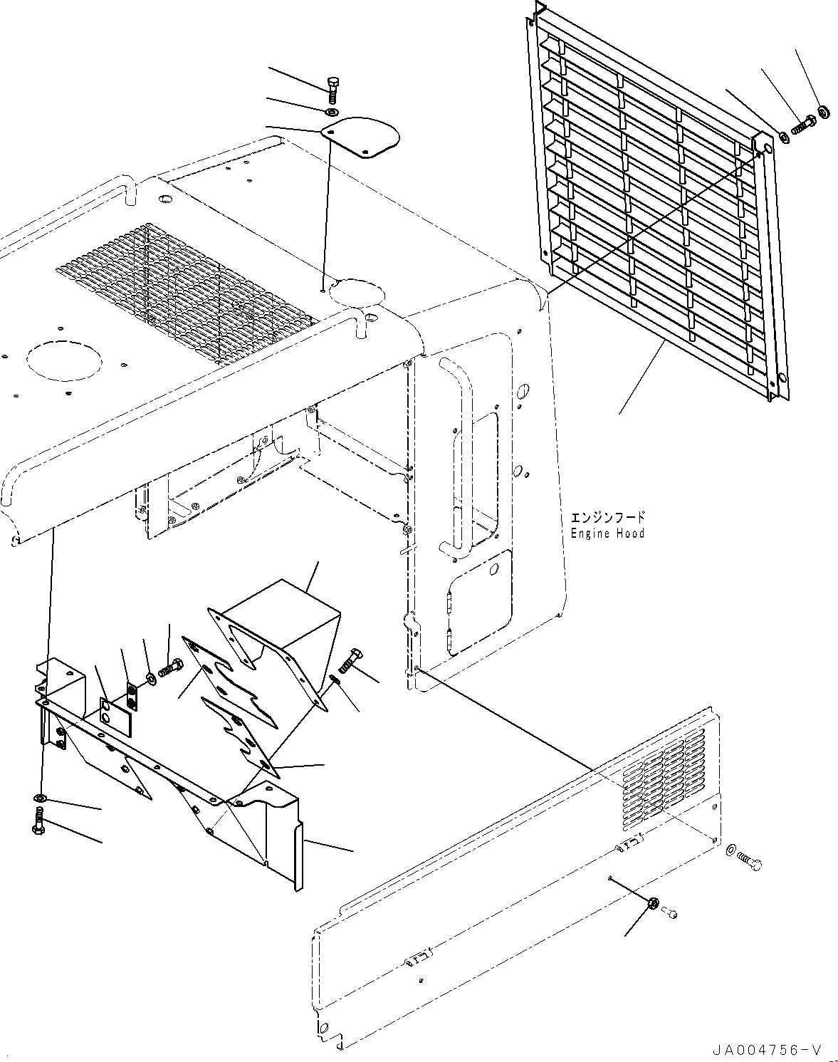 Схема запчастей Komatsu GD675-5 - КАПОТ, РЕШЕТКА, ЗАСЛОНКА И РАДИАТОР КРЫШКА(№-) КАПОТ, С ПРЕФИЛЬТР TURBO 