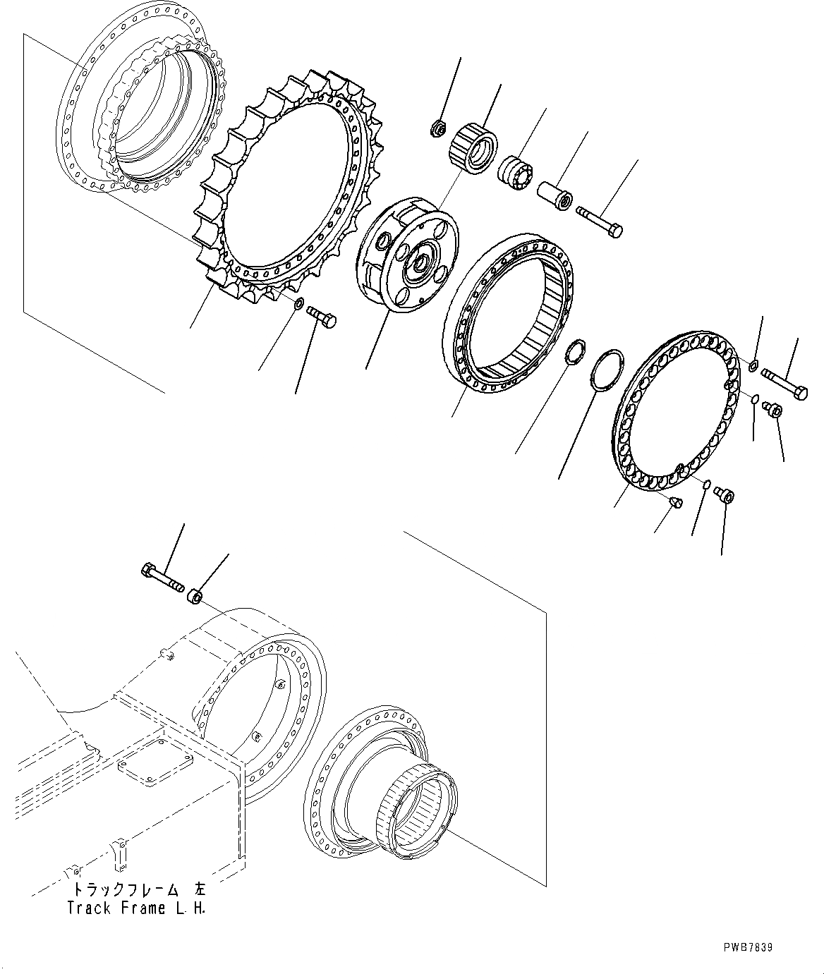 Схема запчастей Komatsu PC1250-8 - ГУСЕНИЧНАЯ РАМА, КОНЕЧНАЯ ПЕРЕДАЧА ЛЕВ. (/) (№8-) ГУСЕНИЧНАЯ РАМА, ПОЛН. LENGTH ЗАЩИТА ОПОРНЫХ КАТКОВ