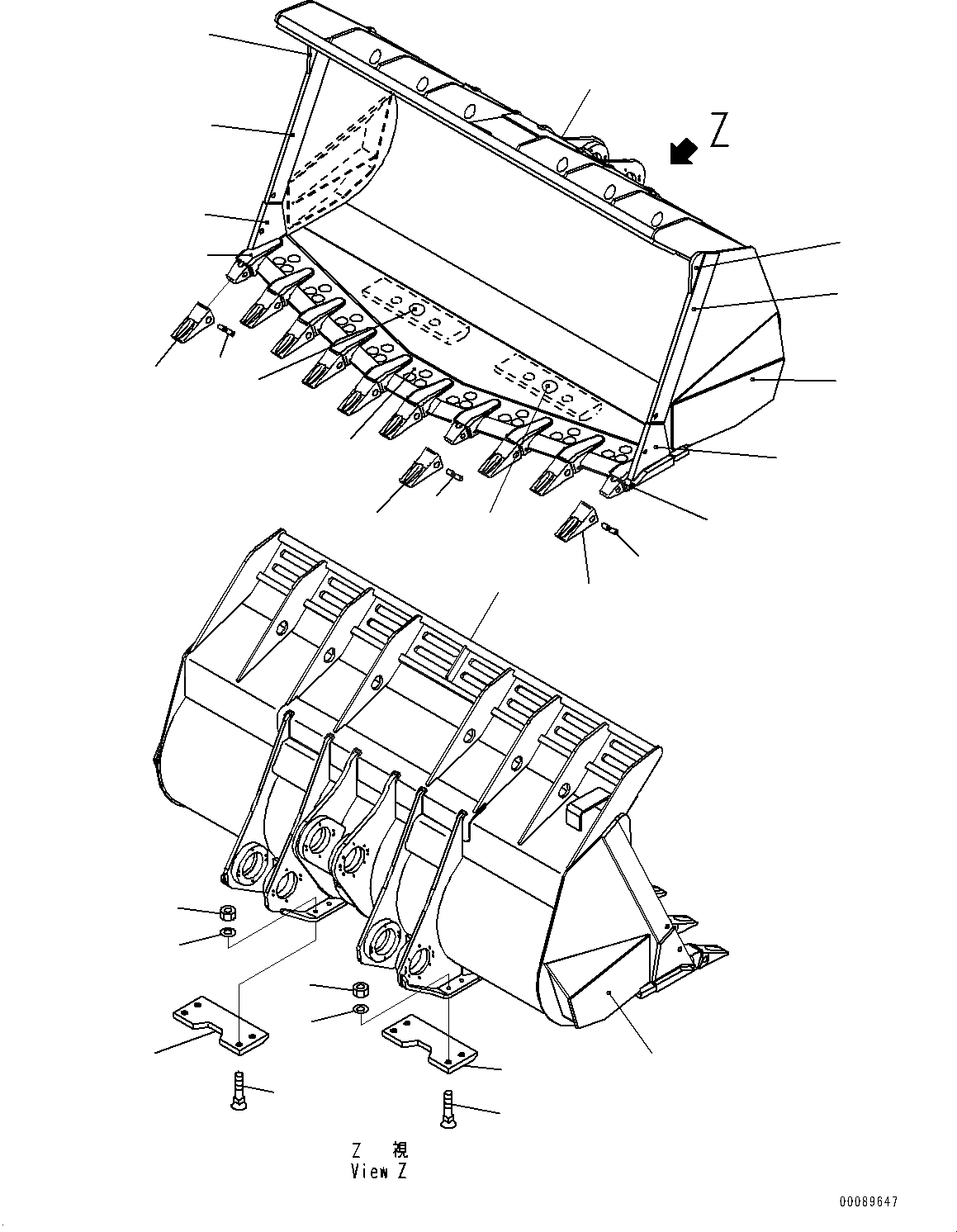 Схема запчастей Komatsu WA600-6R - КОВШ (№-) КОВШ, .M, БОЛТ-ON SEGMENT ТИП, С TIP TOOTH, С УПЛОТНЕНИЕED И LUBRICATED ПАЛЕЦ