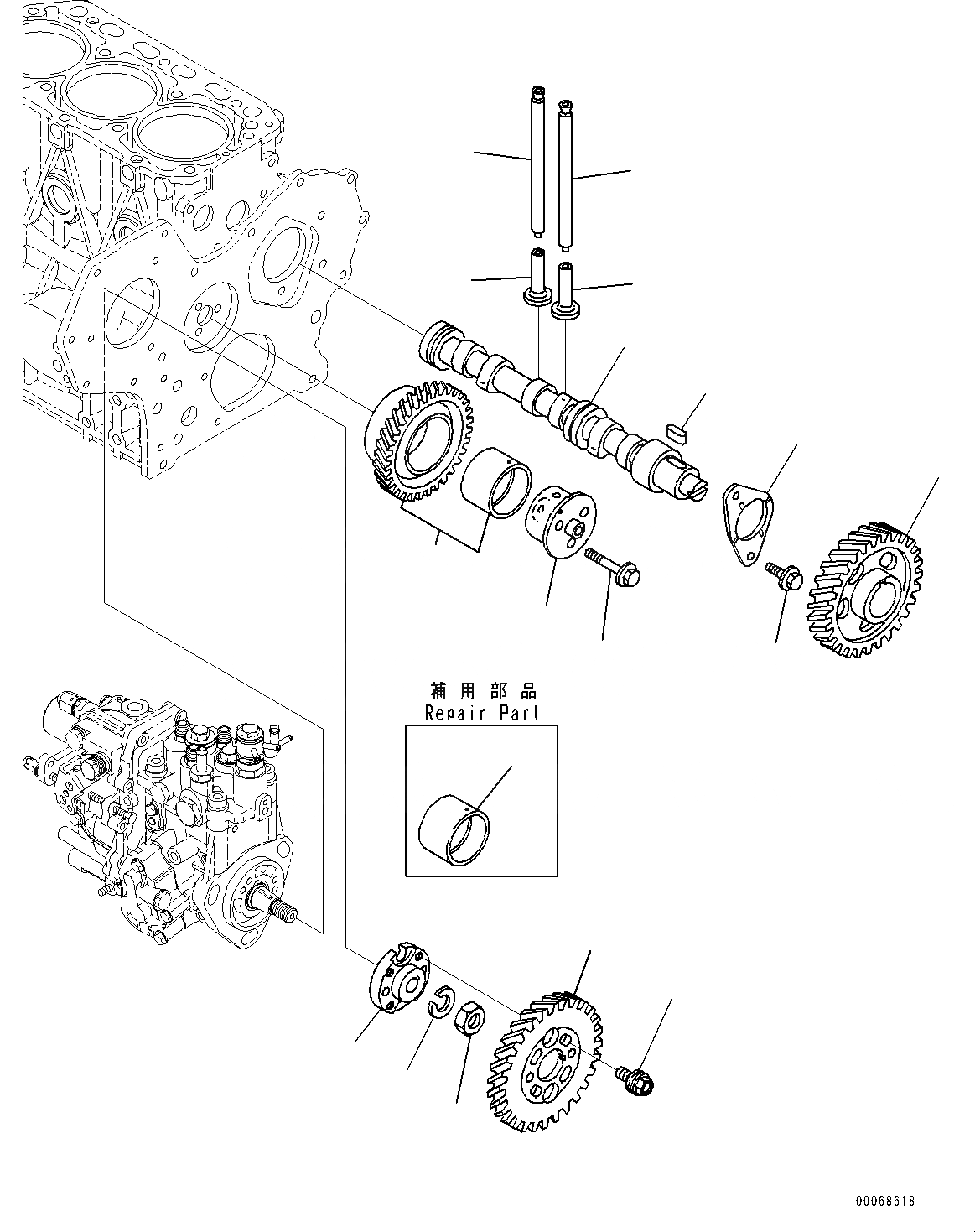 Схема запчастей Komatsu 3D88E-6 - ДВИГАТЕЛЬ, РАСПРЕДВАЛ И IDLE ПРИВОДВАЛ (№9-) ДВИГАТЕЛЬ
