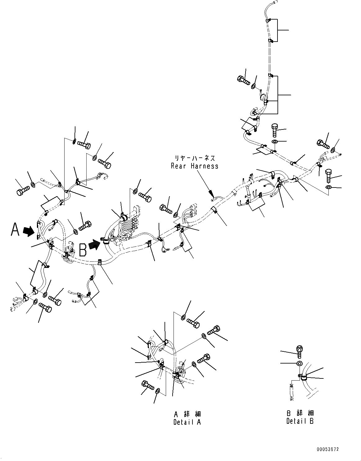 Схема запчастей Komatsu WA470-6A - ЗАДН. ПРОВОДКА, КРЕПЛЕНИЕ (/) (№9-) ЗАДН. ПРОВОДКА, БЕЗ ЭКСТРЕНН. РУЛЕВ. УПРАВЛЕНИЕ, АВТОМАТИЧ. УПРАВЛ-Е ТИП