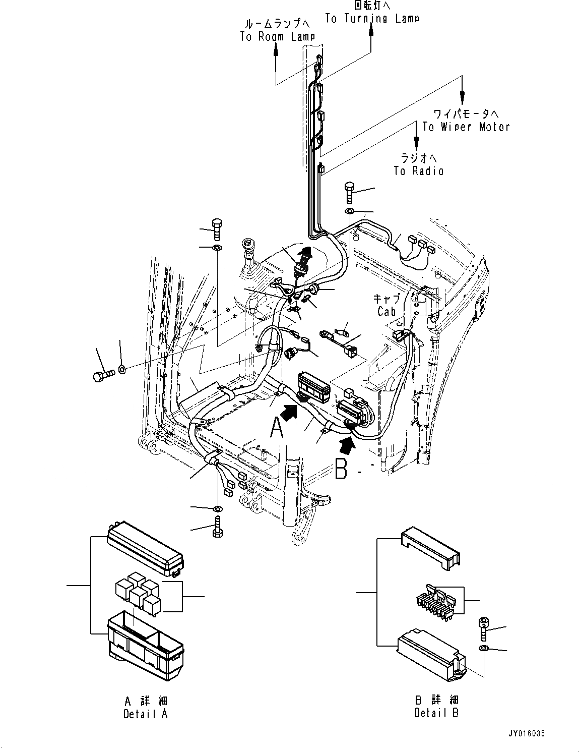 Схема запчастей Komatsu PC55MR-3 - КАБИНА, КАБИНА IN ЧАСТИ, ПРОВОДКА (№-) КАБИНА, КРОМЕ ЯПОН., ОТВ. С ИЗМ. УГЛОМ DOZER, С КОНДИЦИОНЕРОМ, МАСТЕР КЛЮЧ, PROVISION ДЛЯ -ДОПОЛН. АКТУАТОР ТРУБЫ