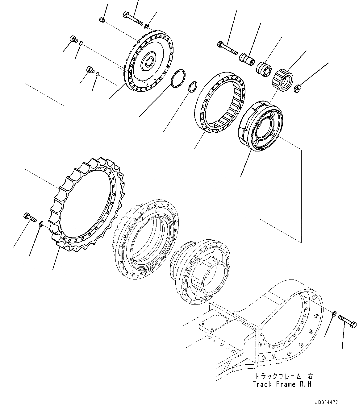 Схема запчастей Komatsu PC800-8E0 - ГУСЕНИЧНАЯ РАМА, 3 НЕСУЩИЙ ЭЛЕМЕНТ И ЗВЕЗДОЧКА, RHS ГУСЕНИЧНАЯ РАМА