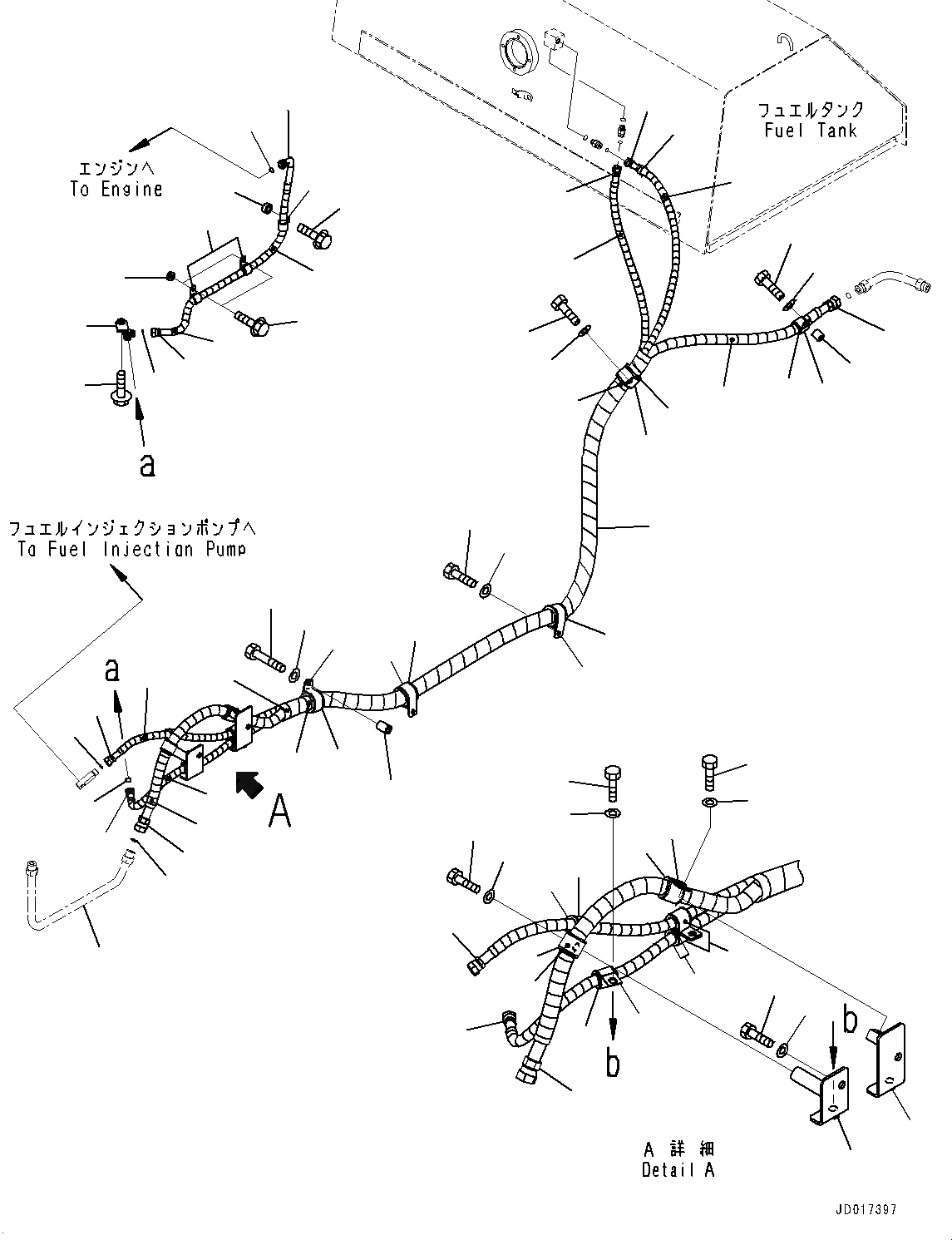 Схема запчастей Komatsu D85PX-15R - ТОПЛИВОПРОВОД., ПАТРУБКИ И КОРПУС (№-) ТОПЛИВОПРОВОД.