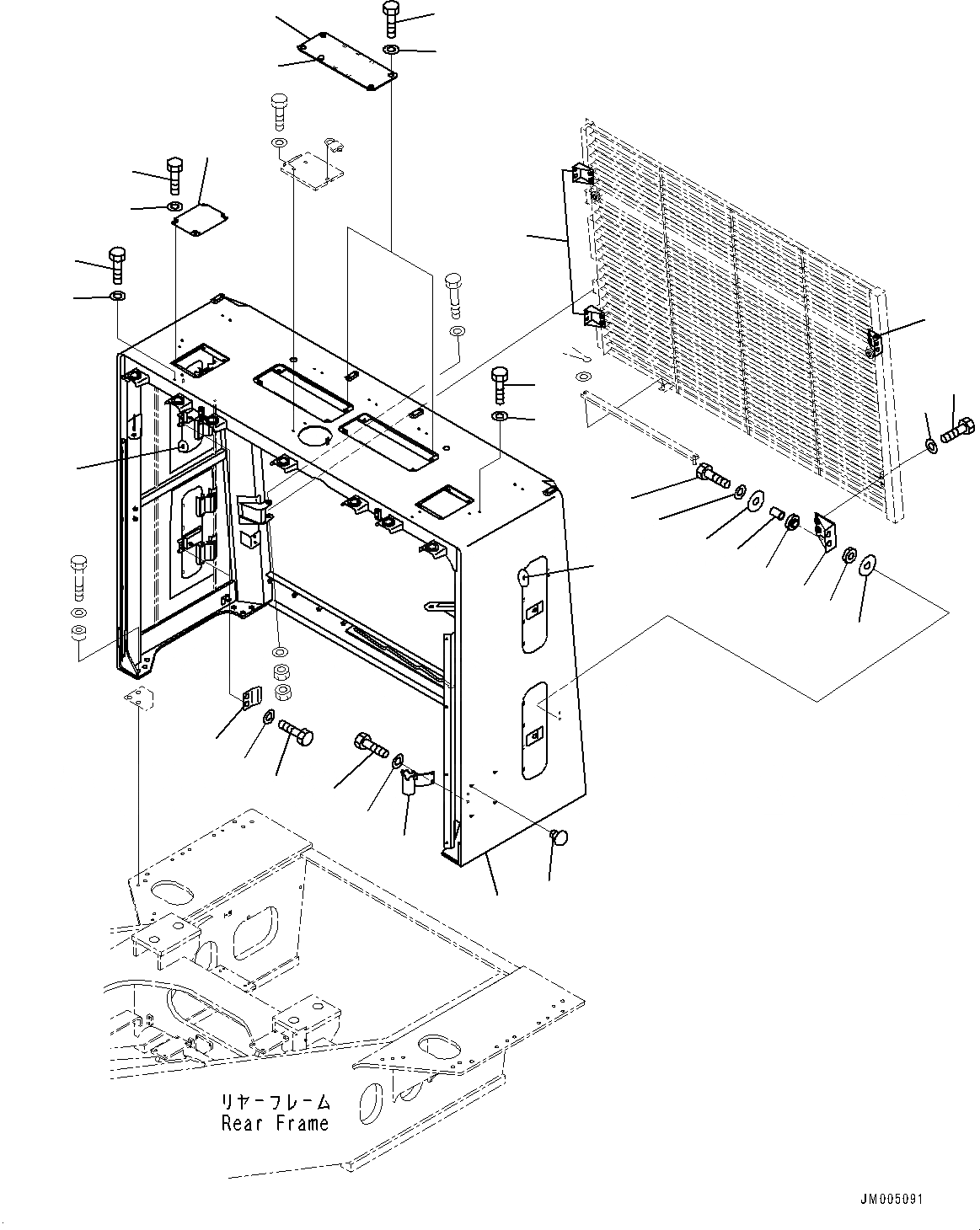 Схема запчастей Komatsu WA1200-6 - ЗАЩИТА РАДИАТОРА AND КАПОТ, ЗАЩИТА РАДИАТОРА (/) (№-) ЗАЩИТА РАДИАТОРА AND КАПОТ, С ОГНЕТУШИТЕЛЬ СТОЙКА