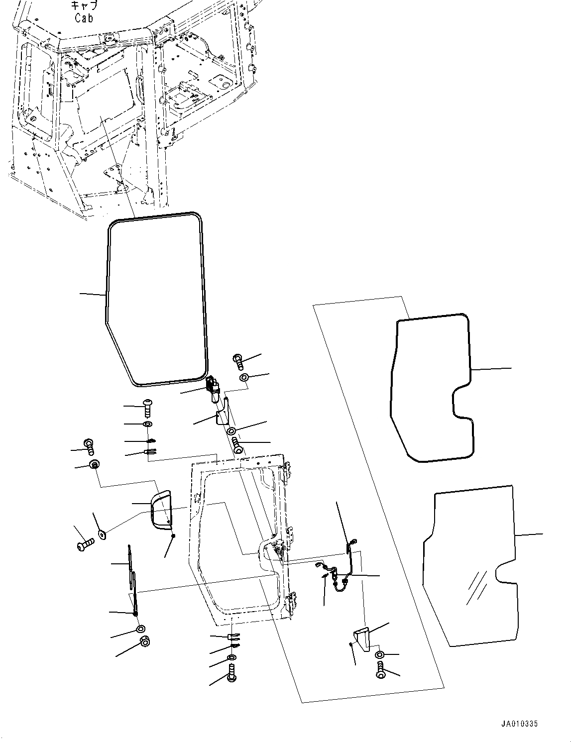 Схема запчастей Komatsu D39PX-23 - КАБИНА, ДВЕРЬ ДЕМПФЕР, ОКНА И ДВОРНИКИ, ЛЕВ. (№9-) КАБИНА, С AM-FM STEREO РАДИО С AUX ФИКСИР., СЕВ. АМЕРИКА, МАСТЕР КЛЮЧ, ЗАДН.VIEW CAMERA