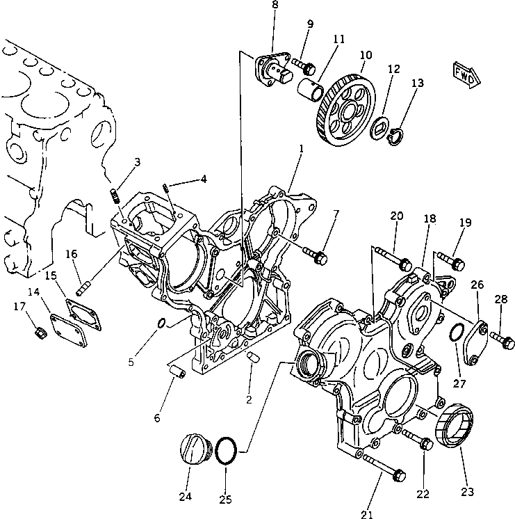 Схема запчастей Komatsu 3D63-1A - КОРПУС ШЕСТЕРЕНН. ПЕРЕДАЧИ И ПЕРЕДН. COVER БЛОК ЦИЛИНДРОВ
