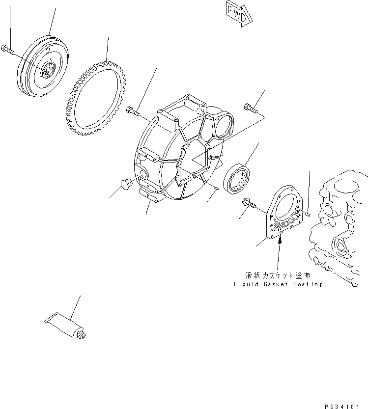 Схема запчастей Komatsu 3D68E-3D - МАХОВИК И КАРТЕР МАХОВИКА БЛОК ЦИЛИНДРОВ
