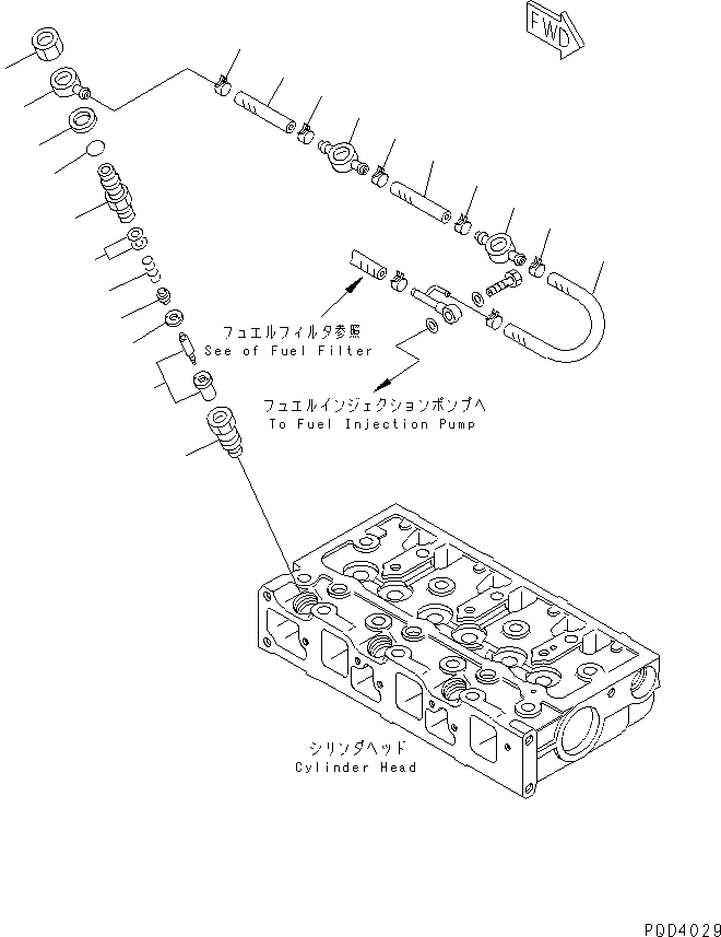 Схема запчастей Komatsu 3D74E-N3A - ТОПЛИВН. ФОРСУНКА И СЛИВН. ШЛАНГ ДВИГАТЕЛЬ