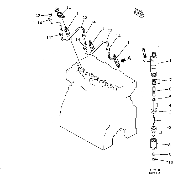 Схема запчастей Komatsu 3D80-1 - ТОПЛИВН. ФОРСУНКА И СЛИВН. ШЛАНГ ТОПЛИВН. СИСТЕМА