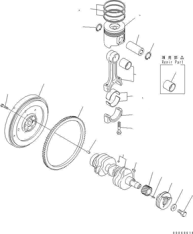 Схема запчастей Komatsu 3D88E-6BP-DA - КОЛЕНВАЛ¤МАХОВИК И ПОРШЕНЬ ДВИГАТЕЛЬ