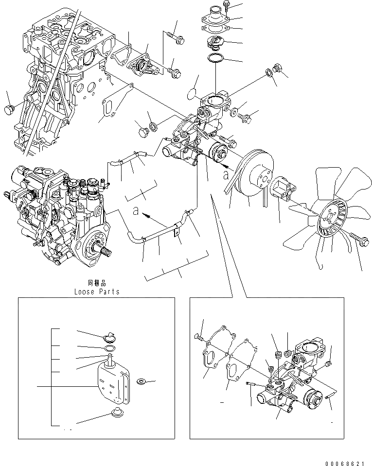 Схема запчастей Komatsu 3D88E-6BP-DA - ВОДЯНАЯ ПОМПА И ВЕНТИЛЯТОР ОХЛАЖДЕНИЯ ДВИГАТЕЛЬ