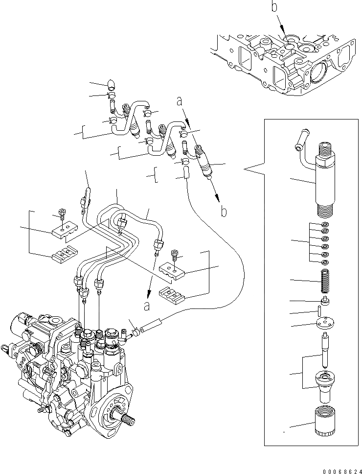 Схема запчастей Komatsu 3D88E-6BP-DA - ТОПЛИВН. ФОРСУНКА И СЛИВН. ШЛАНГ ДВИГАТЕЛЬ