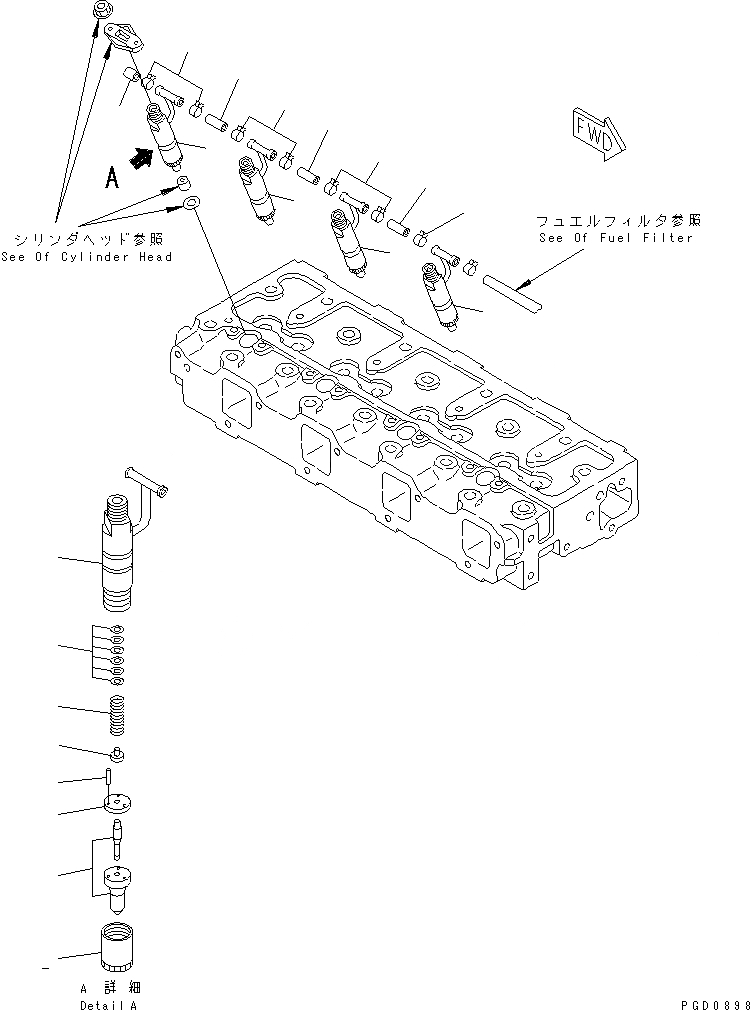 Схема запчастей Komatsu 4D98E-1C - ТОПЛИВН. ФОРСУНКА И СЛИВН. ШЛАНГ ДВИГАТЕЛЬ