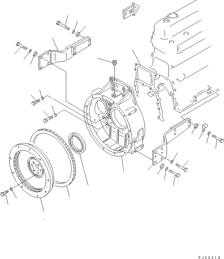 Схема запчастей Komatsu 6D105-1Z - МАХОВИК И КАРТЕР МАХОВИКА (ПЕДАЛЬ СТОП ТИП) БЛОК ЦИЛИНДРОВ
