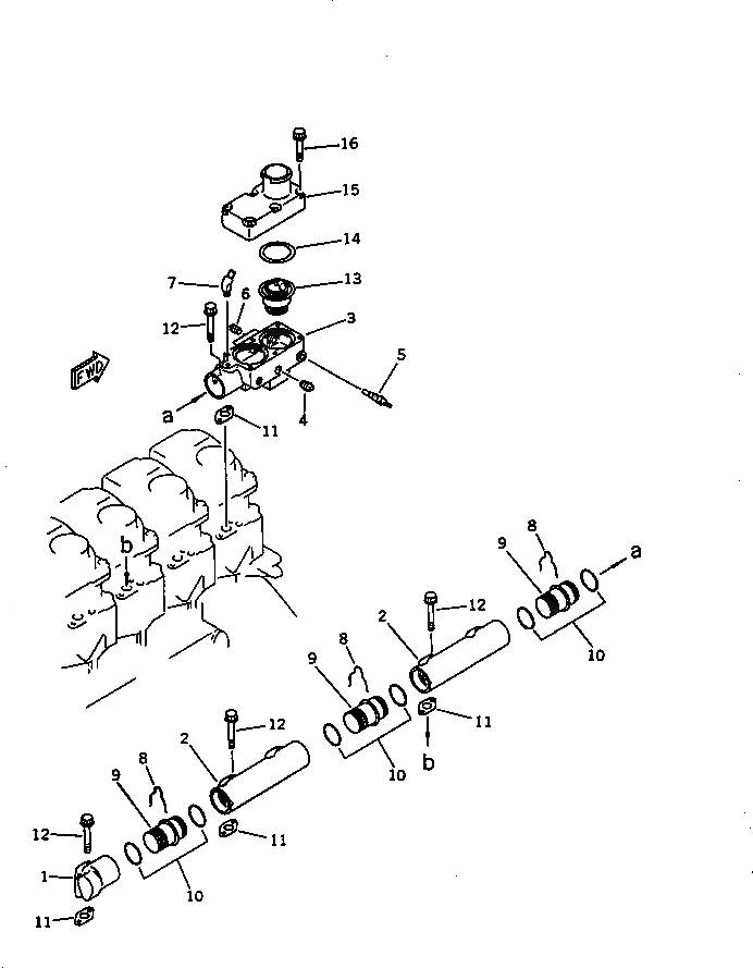 Схема запчастей Komatsu 6D125-1AF - ВОДЯНОЙ КОЛЛЕКТОР И ТЕРМОСТАТ ГОЛОВКА ЦИЛИНДРОВ
