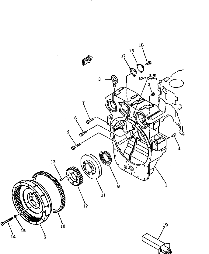 Схема запчастей Komatsu 6D125-1AF - МАХОВИК И КАРТЕР МАХОВИКА БЛОК ЦИЛИНДРОВ