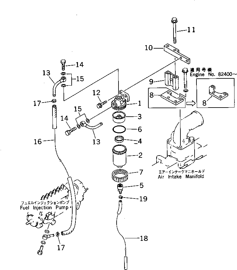 Схема запчастей Komatsu 6D95L-1AA - ВОДООТДЕЛИТЕЛЬ И ТРУБЫ ТОПЛИВН. СИСТЕМА