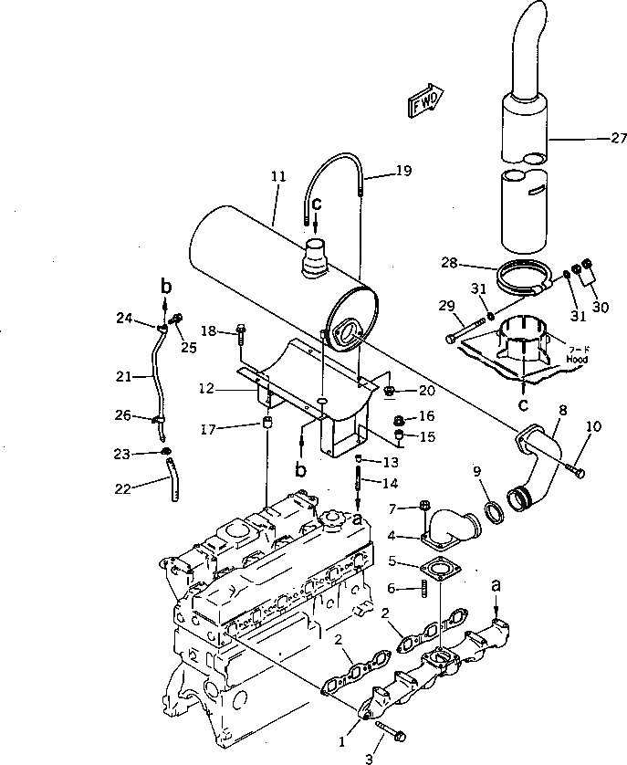 Схема запчастей Komatsu 6D95L-1DD-M - ВЫПУСКНОЙ КОЛЛЕКТОР И ГЛУШИТЕЛЬ(№8-78) ГОЛОВКА ЦИЛИНДРОВ