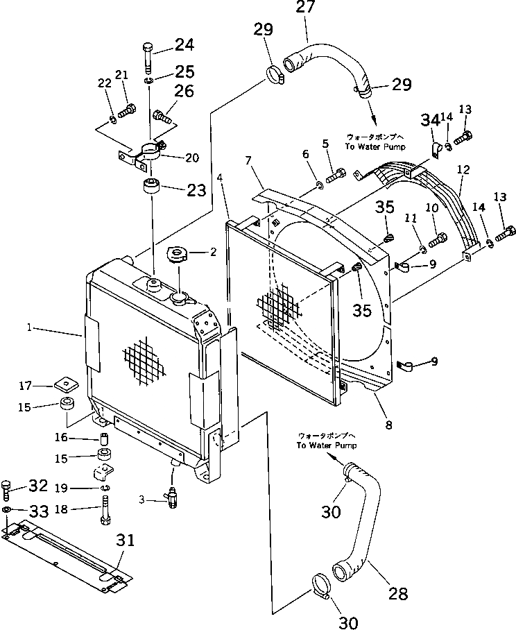 Схема запчастей Komatsu D37P-5A - РАДИАТОР И ТРУБЫ (С ПЫЛЕЗАЩИТНОЙ РЕШЕТКОЙ И УПЛОТНЕНИЕED ТИП ГЕНЕРАТОР)(№-) СИСТЕМА ОХЛАЖДЕНИЯ