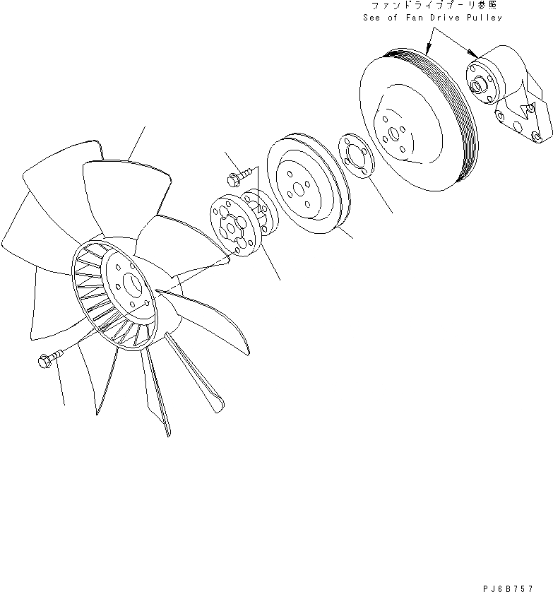 Схема запчастей Komatsu D41P-6 - ВЕНТИЛЯТОР ОХЛАЖДЕНИЯ (НАГНЕТАТЕЛЬ ТИП) (REGULATION OF EC INCLUSION) КОМПОНЕНТЫ ДВИГАТЕЛЯ