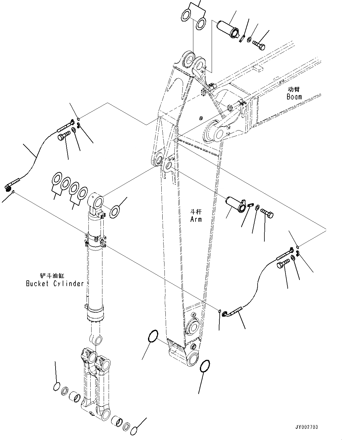Схема запчастей Komatsu PC300-8M0 - РУКОЯТЬ (MM, УСИЛ. ТИП, -НАВЕСН. ОБОРУД, ЧАС. СМАЗКА INTERVAL) (ПАТРУБКИ ЦИЛИНДРА КОВША И ПАЛЕЦ) T [РАБОЧЕЕ ОБОРУДОВАНИЕ]